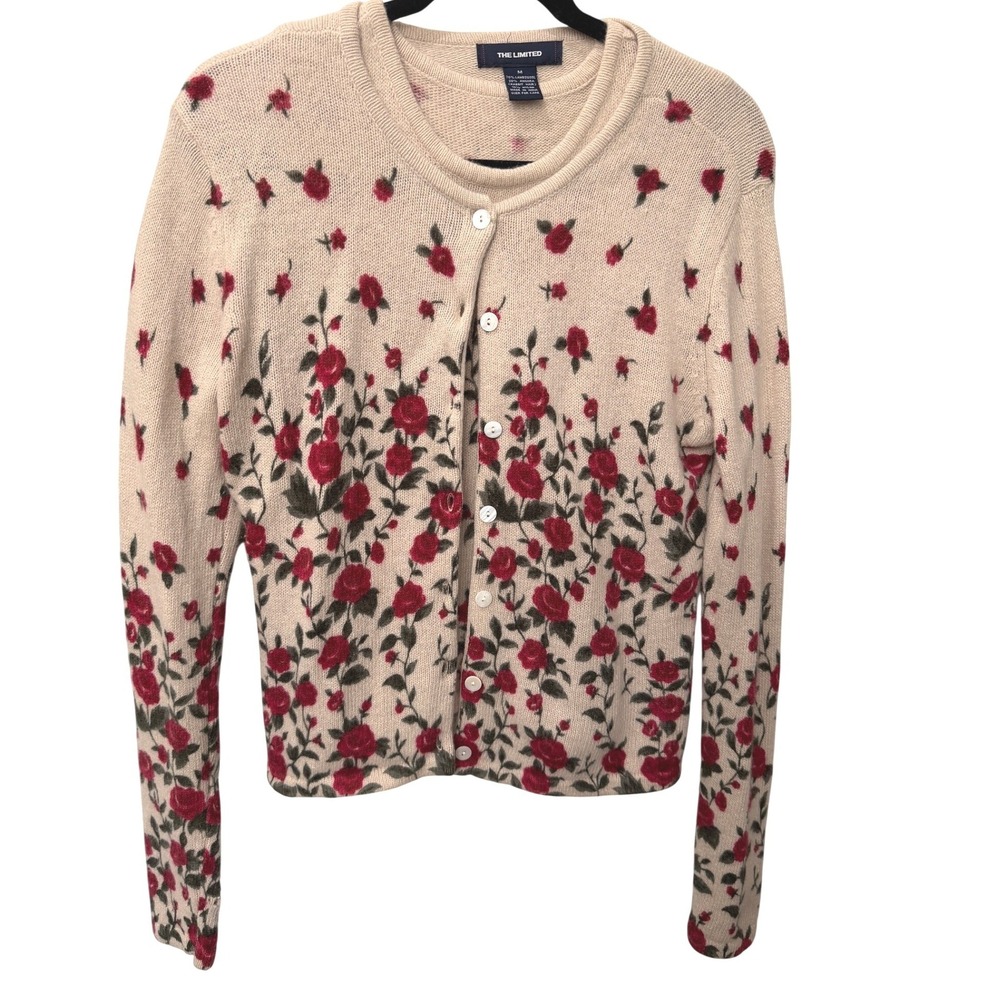 Vintage Lambswool Angora Floral Y2K Cardigan Shell Sweater Set Cottagecore M